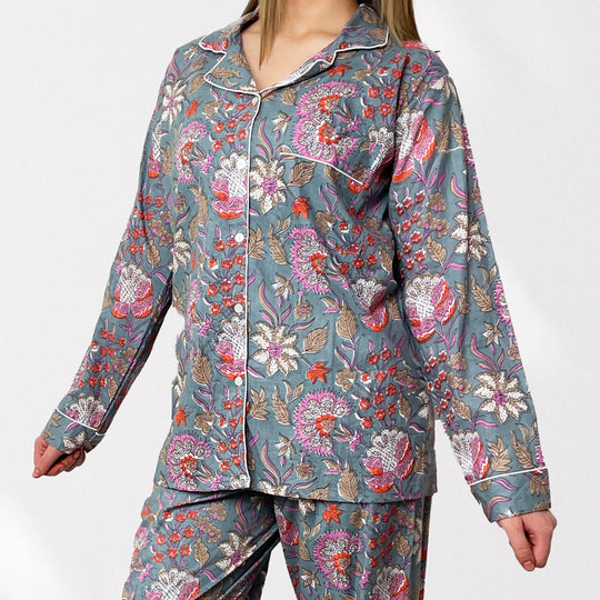 Block Print Floral 100% Cotton Long Pyjama Set in Grey and Pink