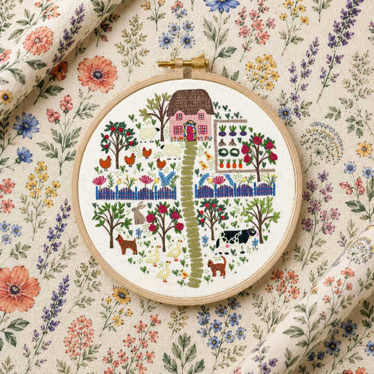 The Homestead Hand Embroidery Kit with Pre Printed Fabric and Colour Pattern