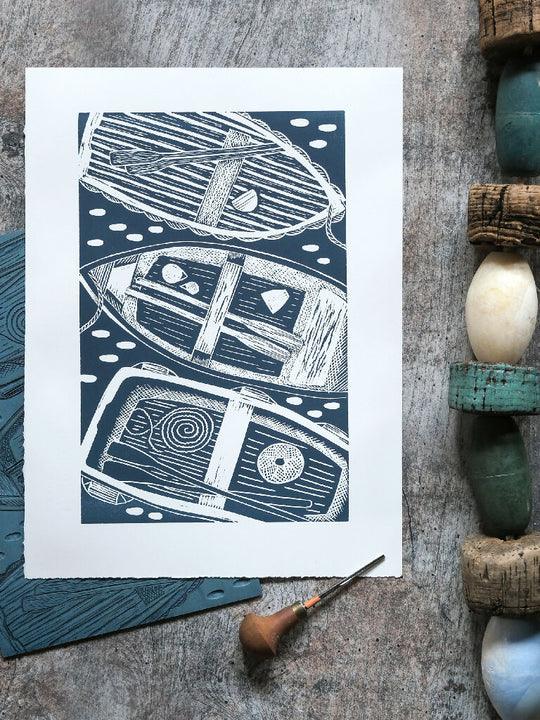 Three Boats, Coverack Lino Print