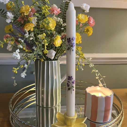 February Birth Flower Candle - Hand Painted Violet Candle with Metal Holder