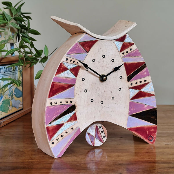 Pottery Mantel Clock Triangle Pattern In Shades Of Pink