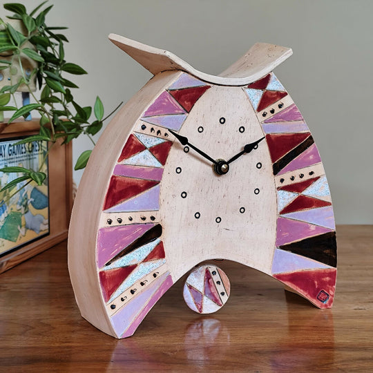 Pottery Mantel Clock Triangle Pattern In Shades Of Pink