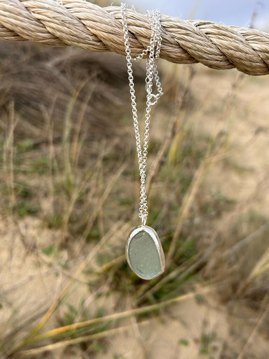 Aqua Green Seaglass silver handmade Necklace