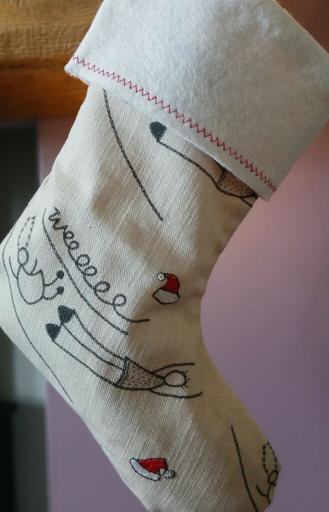 Small Linen Stocking (R) with Hand-Stitched Detail, Cropped