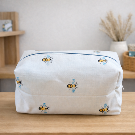 Handmade White Bee fabric Wash Bag – Travel Toiletries 