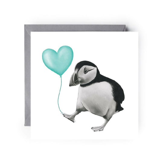 Floating Fun: Cute Puffin with Teal Balloon Greeting Card