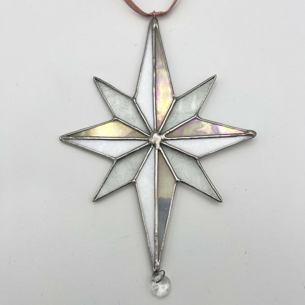 Sparkling White Stained Glass North Star with vintage chandelier crystal