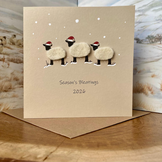 Handmade Sheep’s Wool Christmas Card – Season’s Bleatings