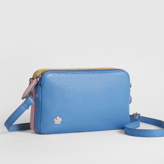 Double Zip Blue Yellow Pink Multi Way Leather Bag