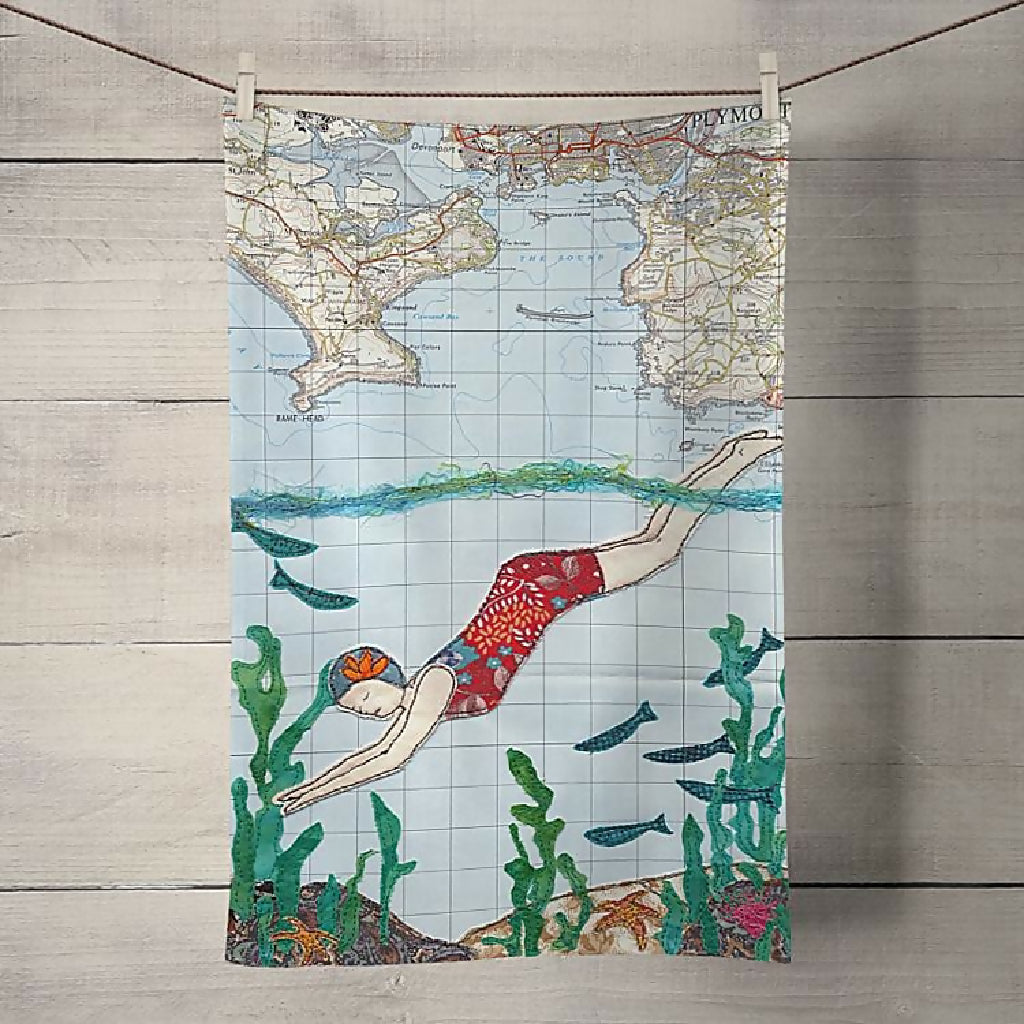 Swimming at Plymouth Tea Towel by Hannah Wisdom Textiles