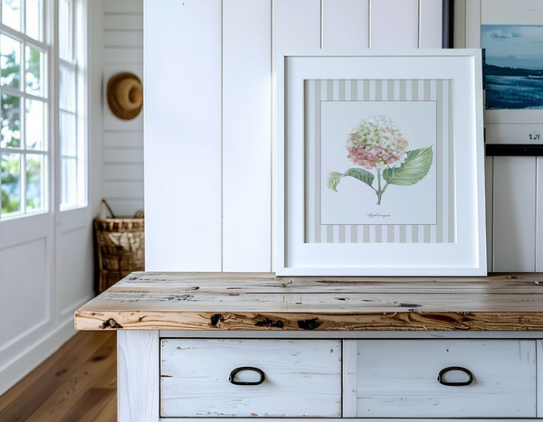Hydrangea Watercolor Print on Striped Background