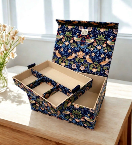 Handmade Strawberry Thief Navy Box | William Morris Fabric Organiser with Magnetic Closure