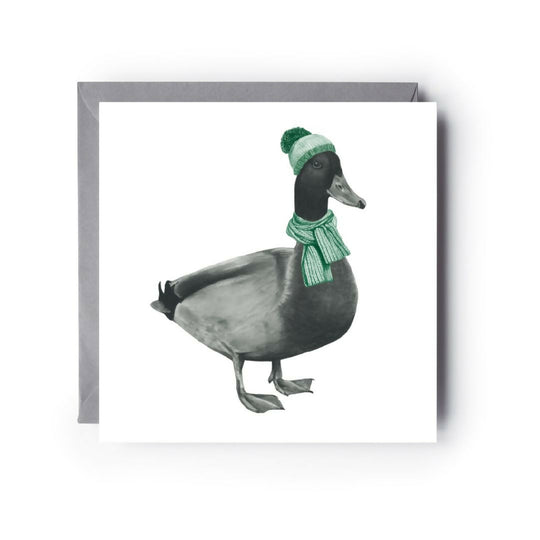 Cute Duck in Bobble Hat & Scarf Winter Wishes Greeting Card