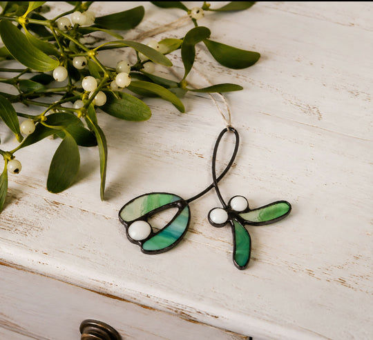 Mistletoe Sprig Stained Glass Christmas Ornament