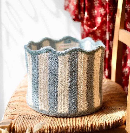 Stripy Scalloped Baskets - Dusty Blue