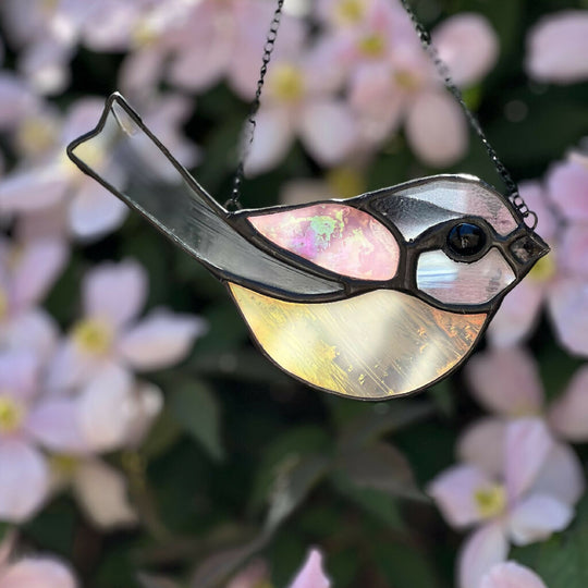 Stained Glass Long Tailed Tit - garden bird lover gift in pink