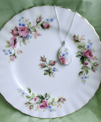 Rose and Forget me not broken china Pendant