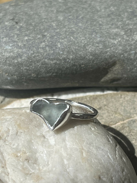 Aqua sterling silver heart sea glass ring - S 1/2