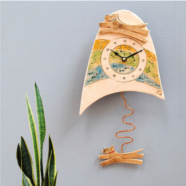 Brown Jumping Dog Ceramic Wall Clock with Pendulum