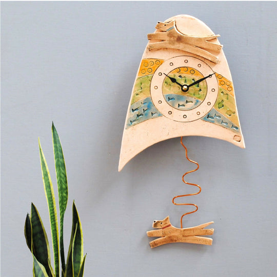 Brown Jumping Dog Ceramic Wall Clock with Pendulum