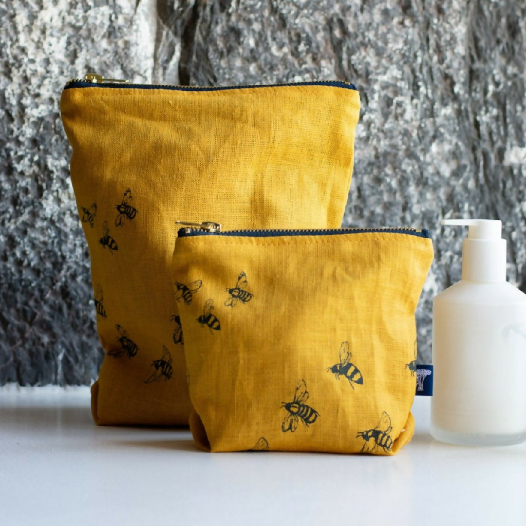 Linen Makeup Bag in Bee Design