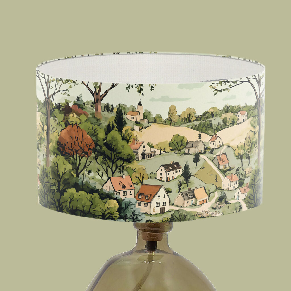 landscape english countryside cottages illustration lampshade handmade lampshade cath kitson style print table lamp floor standard lightshade pastel green brown lampshade