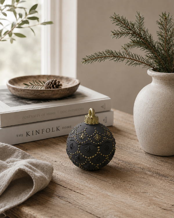 Large Christmas Bauble Candle Black & Gold Accents | Christmas Tree Fragrance | Featured in Country Living Xmas Guide