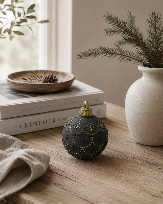 Large Christmas Bauble Candle Black & Gold Accents | Christmas Tree Fragrance | Xmas Homeware