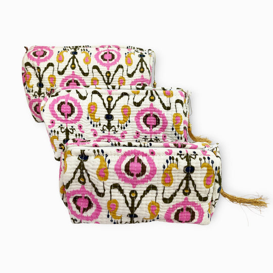 Ikat Print Cotton Washbag, Make Up Bag, Pencil Case with Waterproof Lining