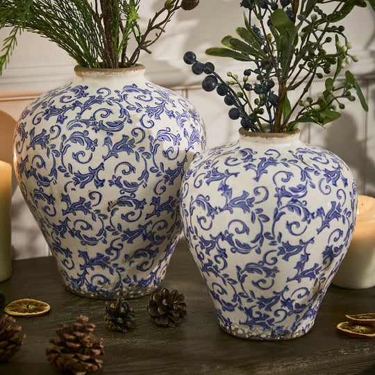 Vintage Style Solene Blue Botanical Round Decorative Indoor Flower Vase