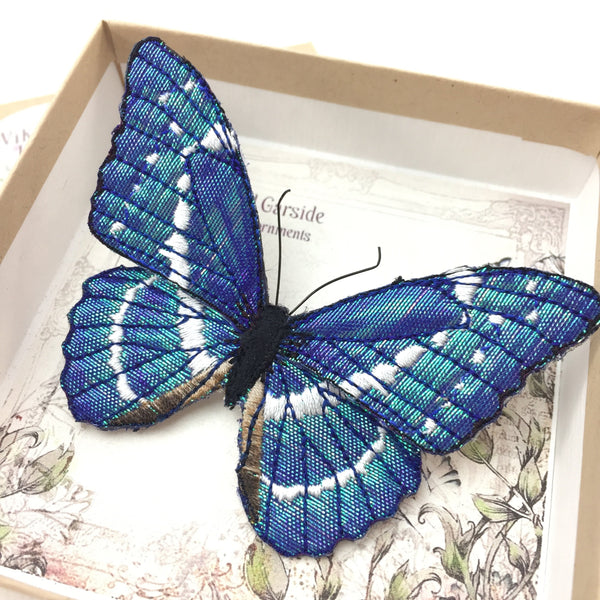 Embroidered Blue Morpho Butterfly Brooch