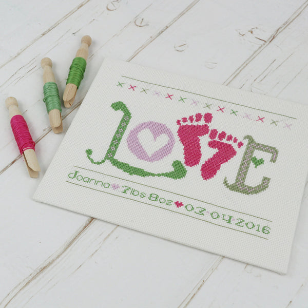 Baby Girl Cross Stitch Kit. 'Love' Baby Feet Pink