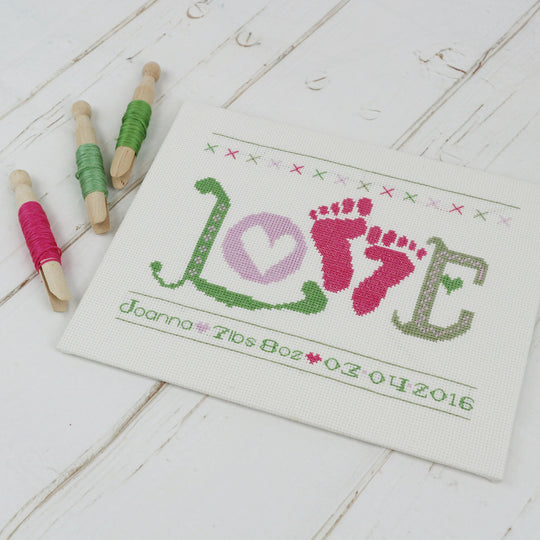 Baby Girl Cross Stitch Kit. 'Love' Baby Feet Pink