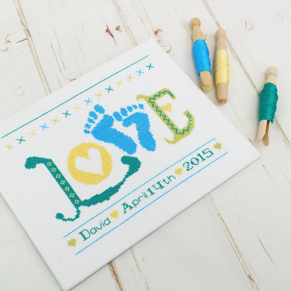 Baby Boy Cross Stitch Kit, 'Love' Baby Feet Sampler