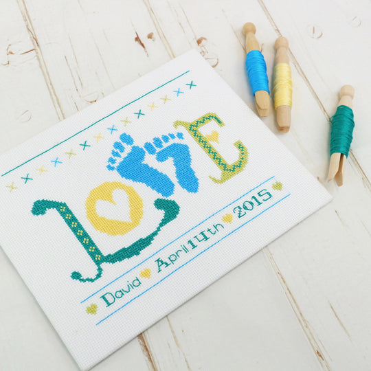 Baby Boy Cross Stitch Kit, 'Love' Baby Feet Sampler