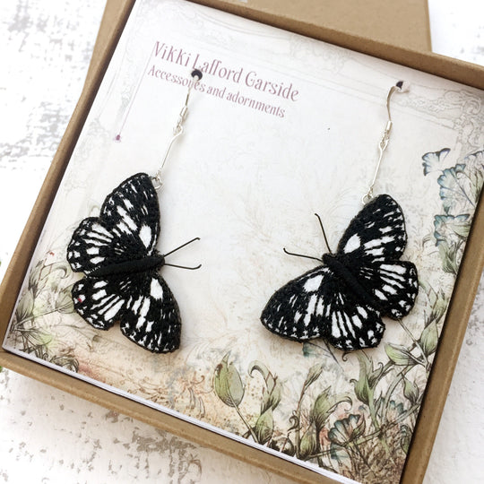 Embroidered Marbled White Butterfly Earrings