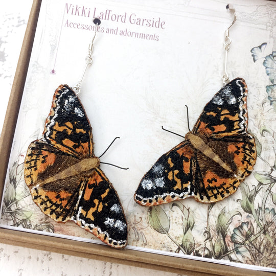 Embroidered Painted Lady Butterfly Earrings
