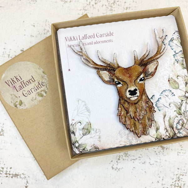 Embroidered Red Deer Stag Brooch
