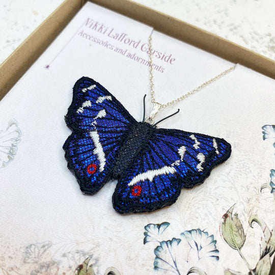 Embroidered Purple Emperor Butterfly Necklace