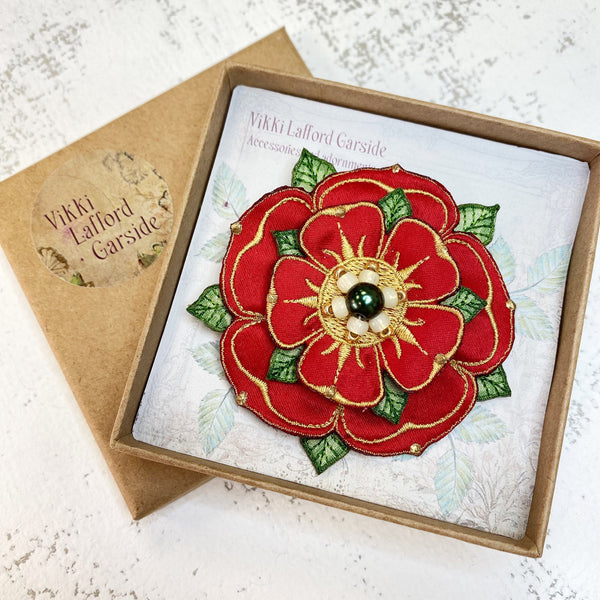 Embroidered Lancashire Rose Brooch