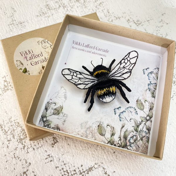 Embroidered White-Tailed Bumblebee Brooch