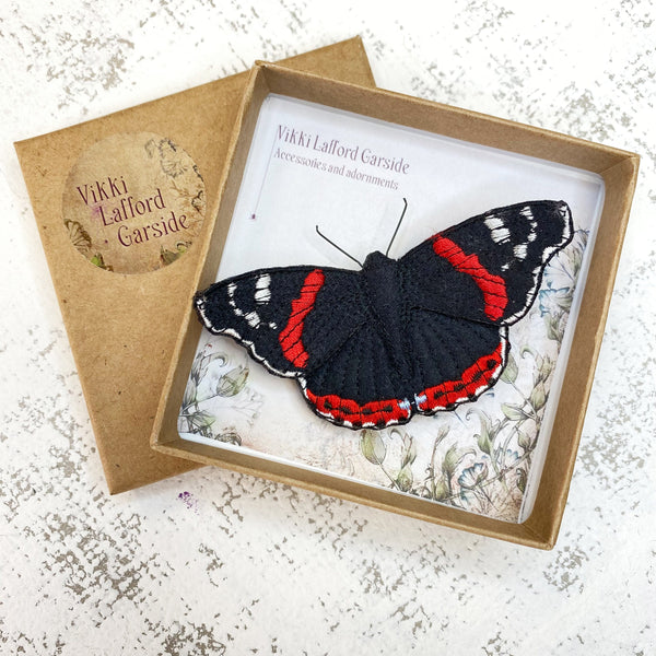 Embroidered Red Admiral Butterfly Brooch