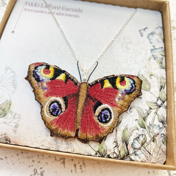 Embroidered Peacock Butterfly Necklace