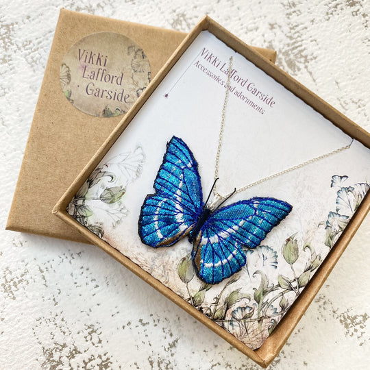Embroidered Blue Morpho Butterfly Necklace