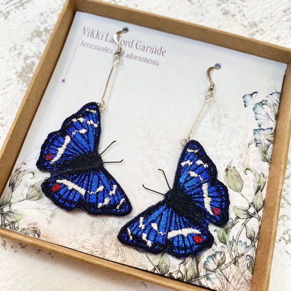 Embroidered Purple Emperor Butterfly Earrings