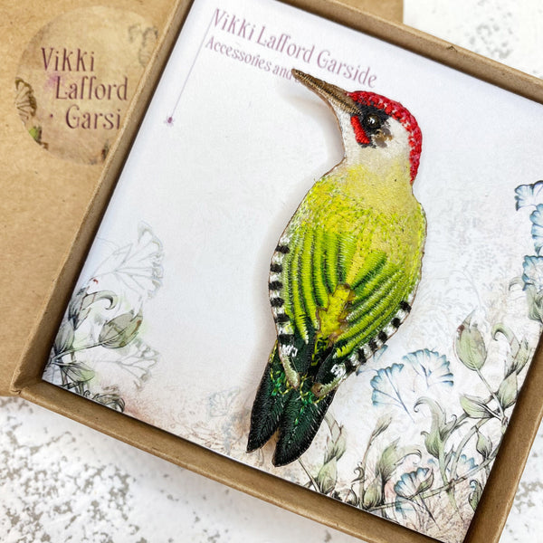 Embroidered Green Woodpecker Brooch