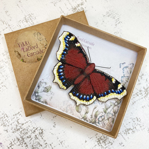 Embroidered Mourning Cloak Butterfly Brooch