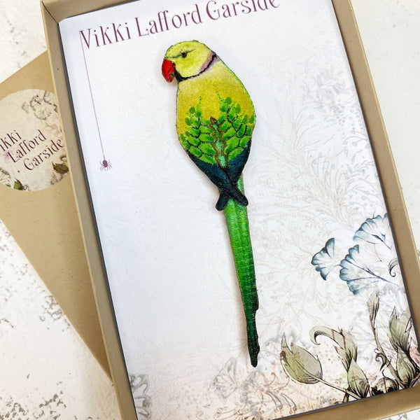 Embroidered Ring-Necked Parakeet Brooch