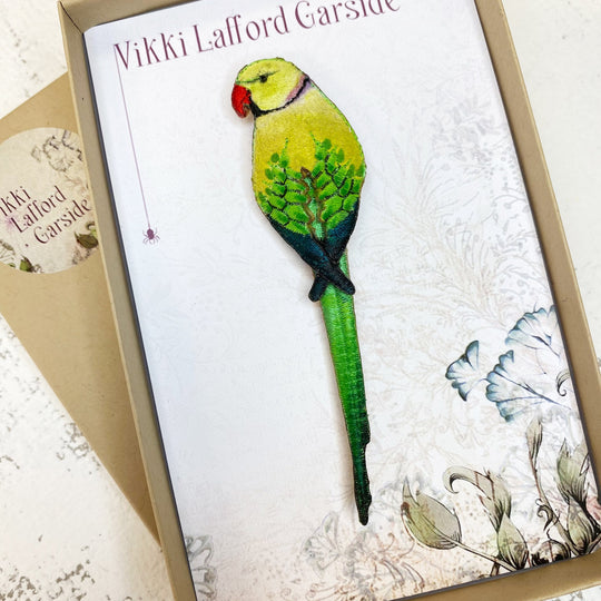 Embroidered Ring-Necked Parakeet Brooch