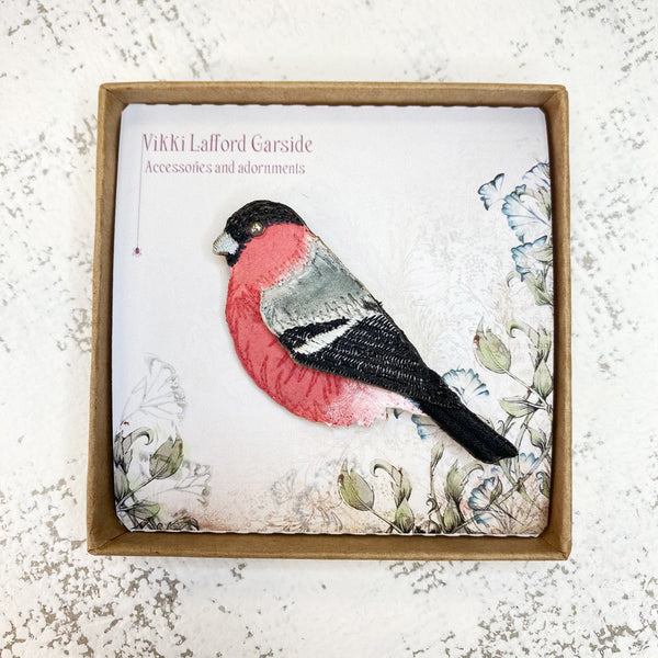 Embroidered Bullfinch Brooch